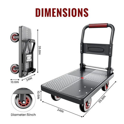 Beefed Up Foldable Push Cart Dolly with 800 lbs capacity showing dimensions and collapsible design with 5 inch wheels.