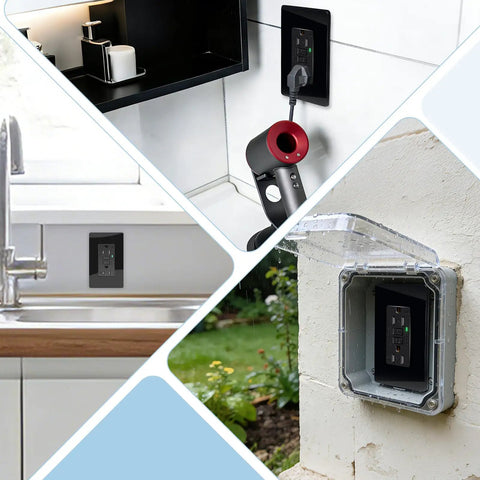 Premium Black GFCI Outlets 15 Amp 20 Pack With Bright LED Indicator installed in kitchen, bathroom, and outdoor setting.