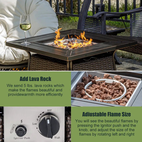 28 Inch Wicker Propane Fire Pit Table For Outdoor Use With 50,000 BTU Gas Fire Pit And Lid, Lava Rocks Included, Brown Rattan Patio Garden Fire Pit For Backyard, Deck Or Patio