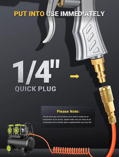 Pro Grade Heavy Duty High Volume Air Blow Gun With Powerful Venturi Nozzle, showing 1/4 inch quick plug connection for compressors.
