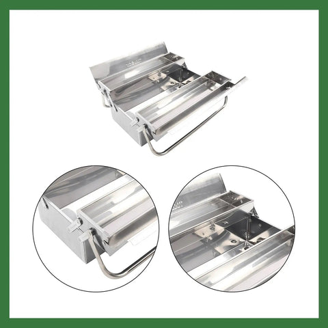 Tough As Nails 16.5 Inch Rustproof Stainless Steel Toolbox With Two Reinforced Tiers And Three Quick Grab Trays For Weekend Warriors And Pro Mechanics Jobsite, open view showcasing trays.