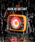 Beast Bright 2000 Lumen Rechargeable LED Work Light with IP54 rating, shown rain resistant with red light, ideal for mechanics.
