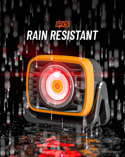 Beast Bright 2000 Lumen Rechargeable LED Work Light with IP54 rating, shown rain resistant with red light, ideal for mechanics.