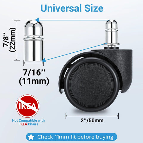 Office chair caster wheel, black rubber wheel with chrome stem, 2-inch universal size.
