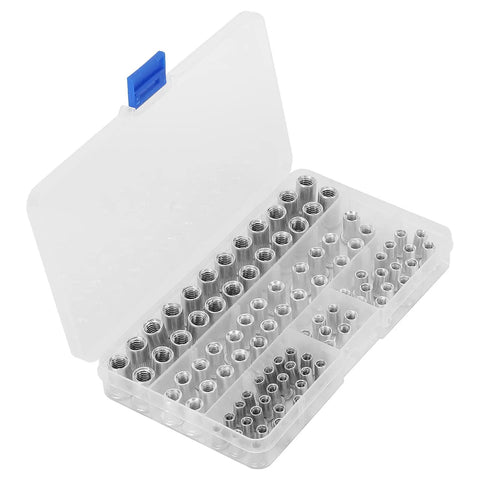Top Shelf Rivet Nut Tool Kit With Built In Cutter And One Hundred M4 M8 Aluminum Rivnuts in clear storage box.