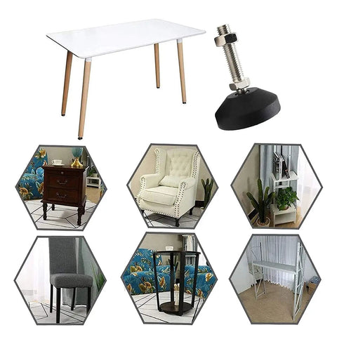 Built Tough Adjustable Leveling Feet, Heavy Duty Round Base Plates For Furniture And Desk Gear, shown with various furniture setups.