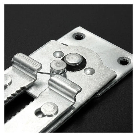 Close-up of heavy duty metal brackets for universal sectional couch connectors, showing detailed engineering for secure locking.