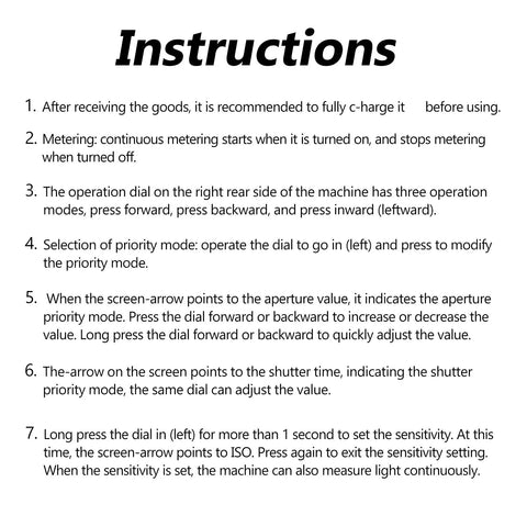 Instructions sheet for Pro Grade Light Meter For Photography With 0.1 To 100,000 Lux Range, 32-Bit Sensing, Incident And Reflective Metering, Hot Shoe And Cold Shoe Mount, Long Standby Up To 26 Hours, Multi Port Connectivity, And Adjustable F Stop From F1.0 To F2.0