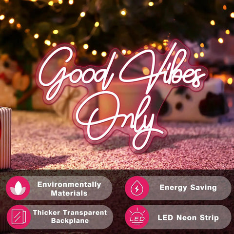 Good Vibes Only LED Neon Sign Light Wall Art for Home Pub Club Party Christmas Decor on carpet with festive background
