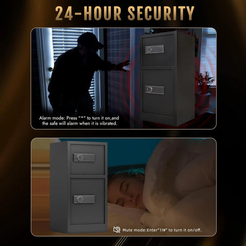 Extra Large Home Safe With Fireproof And Waterproof Bag shown in use, highlighting 24-hour security and digital lock system.