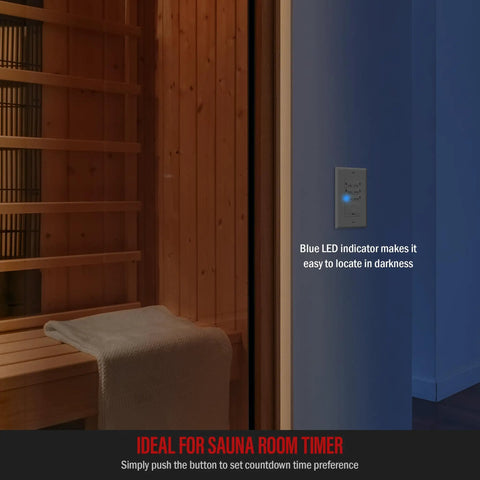 30 Minute Neutral Countdown In Wall Switch Timer 2 Pack Auto Off For Fans And Lights Including LEDs CFLs Save Energy With 7 Button Push Set And Set It And Forget It Easy Install Ideal For Vent Fans And Ceiling Fans. Wall-mounted timer in sauna room with blue LED indicator