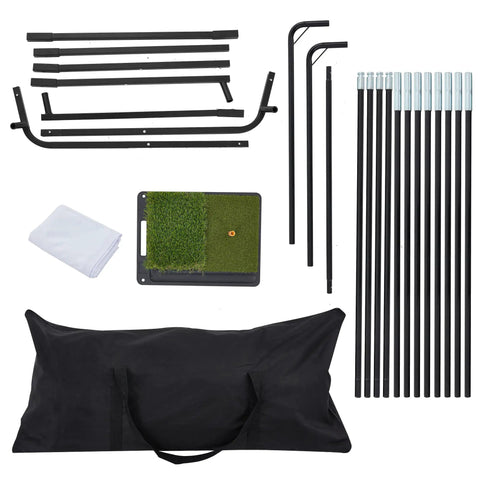 10x8ft Golf Practice Net With Impact Screen And Mat, Heavy Duty Steel Frame Hitting Net parts including poles, mat, and bag