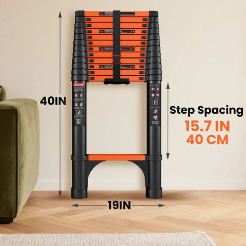 Telescoping Ladder 16.5 Feet Reach, 330 Lb Capacity, EN131 Certified, No Slip Feet, Safety Lock System, Lightweight Yet Durable For Home Garage Painting And Roof Access Orange, folded 40 in tall