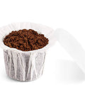 Disposable K Cup Coffee Filters With Lid For Single Serve Brewers 1.0 And 2.0, open filter with ground coffee and separate lid