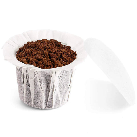 Disposable K Cup Coffee Filters With Lid For Single Serve Brewers 1.0 And 2.0 Universal Fit shown with ground coffee