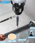 Three Eighths Inch Bridge Construction Reamer Drill Bit Pro Grade M2 HSS drilling into metal sheet with multiple material icons