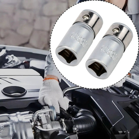 Hex Shank Socket Bit Adapter Set From One Quarter Inch Square Drive To One Quarter Inch Hex 2 Pack Chrome Vanadium Steel Screwdriver Bit Converter Holder Tool For Quick Bit Access With Power Tools And Hand Drivers, shown next to mechanic working on a car engine.
