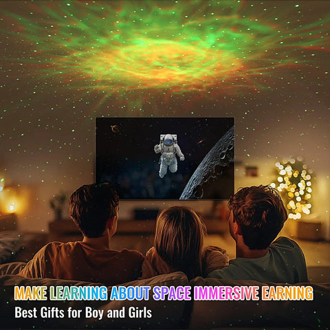 Three children watch space film under 3 In 1 Starry Sky Projector Night Light With Voice Control 21 Lighting Effects.