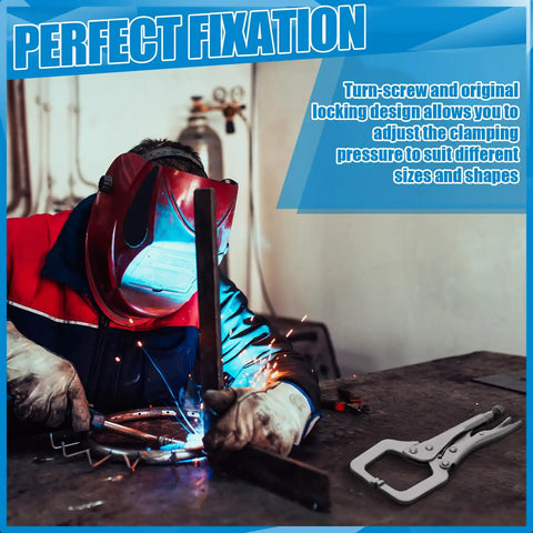 Person welding metal using Six Inch Locking C Clamp Set, 6 Pack, Adjustable Alloy Steel C Clamps, visible mask and sparks