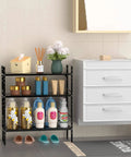 Expandable Cabinet Storage Shelf Organizer Rack Built Tough And A Real Workhorse Heavy Duty Steel Stackable, black, set in bathroom