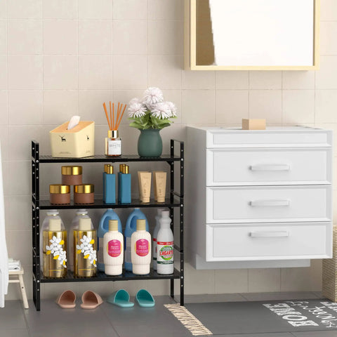Expandable Cabinet Storage Shelf Organizer Rack Built Tough And A Real Workhorse Heavy Duty Steel Stackable, black, set in bathroom