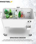 Interior view of spacious 80 quart party cooler with divider and serving tray, showing beverage storage, matte white finish.