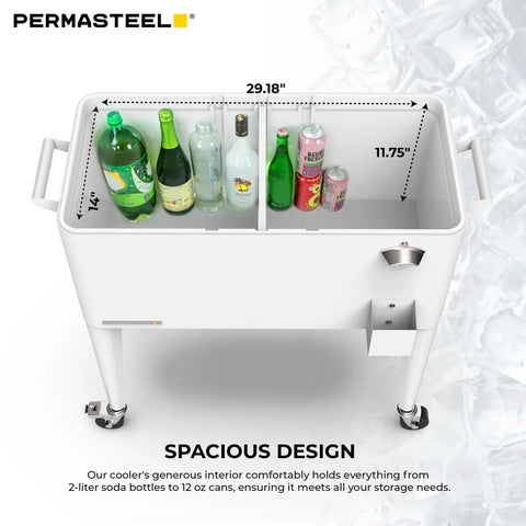 Interior view of spacious 80 quart party cooler with divider and serving tray, showing beverage storage, matte white finish.