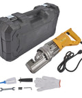 Heavy Duty 900W Electric Hydraulic Rebar Cutter with accessories and case for construction use.