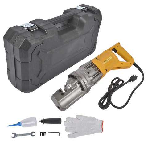 Heavy Duty 900W Electric Hydraulic Rebar Cutter with accessories and case for construction use.