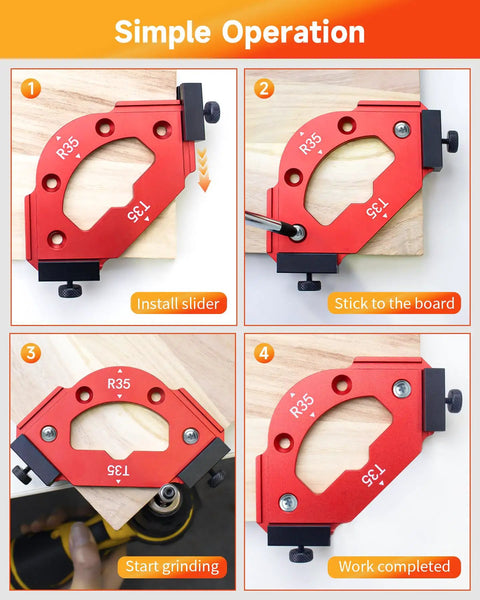 Premium 7 Piece Router Corner Radius Template Set featuring a red aluminum positioning jig in use with slider installation.