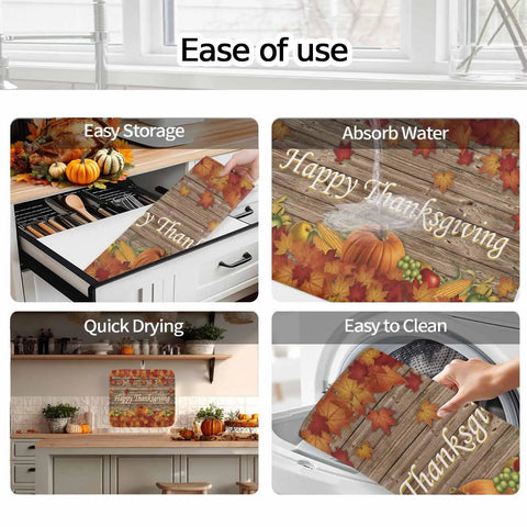 Thanksgiving Dish Drying Mat With Pumpkin Harvest Design For Kitchen Counter, Absorbent Microfiber Top Layer With Cushioned Core, 16 By 18 Inches, Cozy Farmhouse Maple Leaves Wood Grain Look, Machine Washable, Soft Protective Surface with easy storage, quick drying, absorb water, easy to clean.