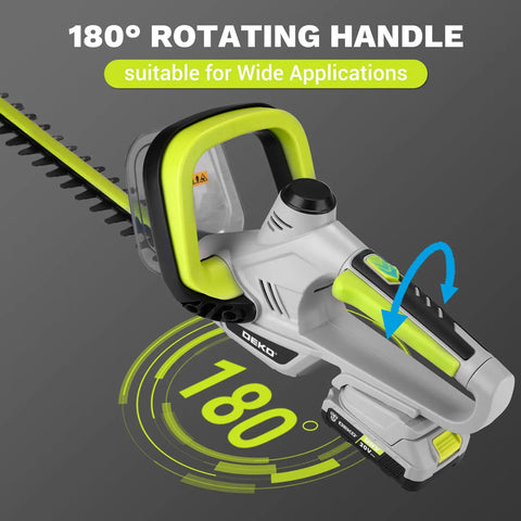 Lightweight 20V Cordless Hedge Trimmer With 20 Inch Cutting Bar Battery Included Five Eighth Inch Cutting Capacity For Yard Garden And Shrubs Easy Grip For Women And Seniors Powerful Trim, featuring a 180-degree rotating handle for flexible trimming.