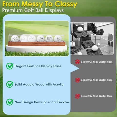 Crystal Clear UV Protected Golf Ball Display Case For Six Balls with solid wood base and acrylic cover on a desktop.