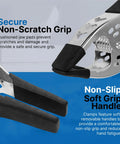 Close-up of a Six Inch Heavy Duty Spring Clamp with black metal jaw, soft grip handle for woodworking and carpentry.