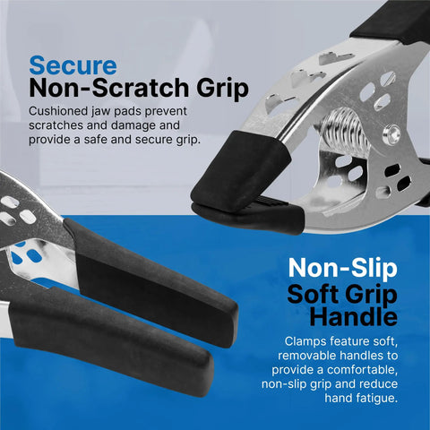 Close-up of a Six Inch Heavy Duty Spring Clamp with black metal jaw, soft grip handle for woodworking and carpentry.