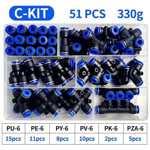 Huge 51 Piece Pneumatic Connector Kit With Quick Push Fit Fittings For 6mm OD Tubing That Lets You Connect Instantly No Tools Needed And Ensure Sealing Is Tight For All Your Air Line Projects, 51 pcs in case