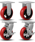 Industrial Casters Set Of Four 5 In Diameter By 2 In Wide Heavy Duty Crowned Polyurethane Tread Cast Iron Center Wheels With Two Rigid And Two Top Lock Brake Casters Load Capacity 4000 Lbs Per Set
