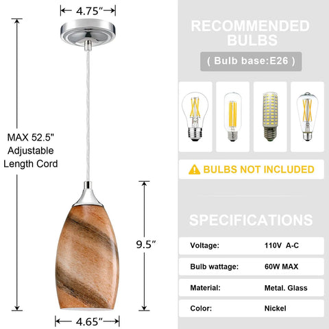 Three Pack Indoor Mini Pendant Lights For Kitchen Island In Polished Nickel With Hand Blown Orange Glass Shades 4.75 Inch Fully Dimmable UL Listed Sweet Bar Counter Dining Room Accent Lighting showing dimensions and specifications