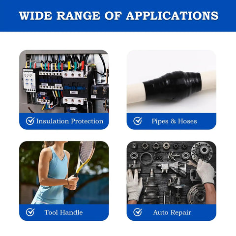 Image showing applications for Self Fusing Silicone Tape 1 Inch Wide 16.4 Feet Long 0.5mm Thick Waterproof Repair Tape, including insulation protection, pipes and hoses, tool handle, and auto repair.