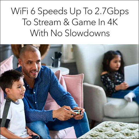 Family enjoying gaming and streaming with Cable Modem And WiFi 6 Router Combo AX2700 DOCSIS 3.1 2.7 Gbps Covers Up To 2000 Sq Ft