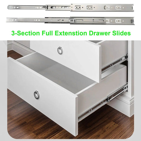 22 Inch Full Extension Ball Bearing Drawer Slides Set, 10 Pairs With Side Mount And Rear Brackets, 85 Lb Load Capacity, Includes Screws And Instructions For Face Frame Cabinets, Smooth Operation For DIYers And Easy Install, showing installed slides on white drawers.