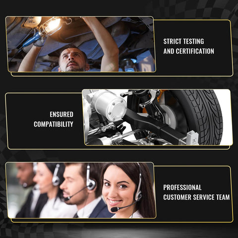TUCAREST 10pc suspension kit banner collage: mechanic under car inspecting; suspension close-up; customer service team