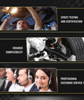Image collage showing inspection of a vehicle, close-up of suspension components, and customer service team with headsets.