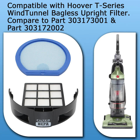 T Series WindTunnel Upright Vacuum Filter Kit Fits Most Bagless Uprights Includes 1 Primary Filter And 1 HEPA Filter Easy Install No Fuss Pro Grade Compatible With Hoover T Series Models showing primary and HEPA filters with vacuum