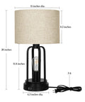 Dimensional view of farmhouse end table lamp with touch control, matte black finish, and USB port. Beige shade on top of dual bulb setup.