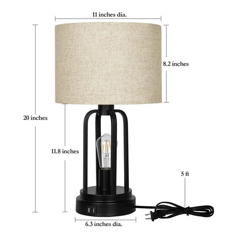 Dimensional view of farmhouse end table lamp with touch control, matte black finish, and USB port. Beige shade on top of dual bulb setup.