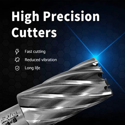 Annular Cutter Set For Magnetic Drill Press With HSS M2AL Steel Bits, close-up showing a single cutter and precision features.