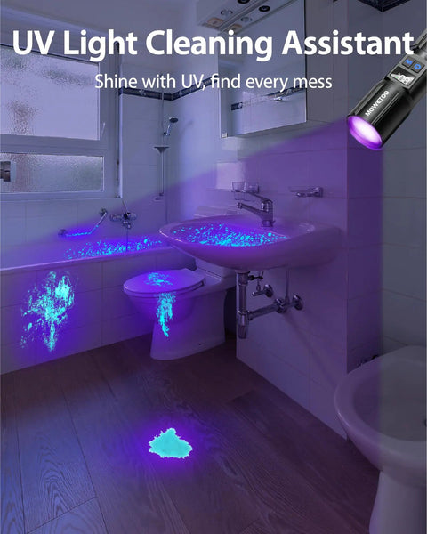 Image of UV stains revealed by 2-In-1 Black Light Flashlight With 395nm UV And White Light in a bathroom