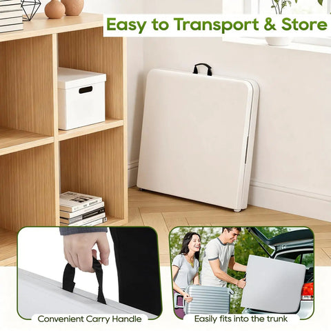 Portable 4Ft Folding Table With Fold-In-Half Design, Powder-Coated Steel Frame, White, Folded for Easy Transport and Storage