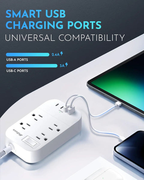 10Ft Braided Power Strip with Flat Plug, 4 Outlets and 4 USB Ports, showing smart USB charging ports on desk setup.